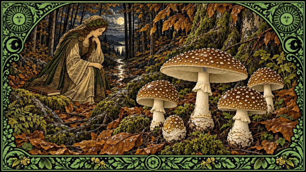 Amanite brune nel bosco lunare
