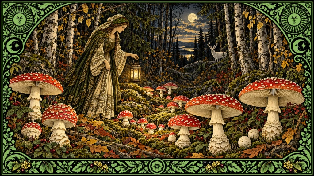 Amanita muscaria nel bosco lunare
